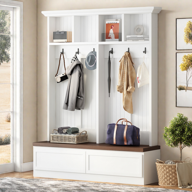 Farmhouse 4-in-1 Hall Tree with Wood Grain Bench, Mudroom Versatile Coat Rack with 2 Large Drawer, Entrance Organizer for Hallway, Living Room, White, 55.9'W (OLD SKU: N721P313099K)