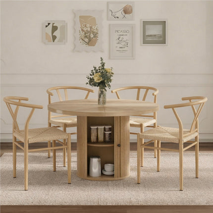4-piece set of wooden color woven dining chairs, including a 47.2-inch round Roman column table with storage function, suitable for restaurants/wooden color