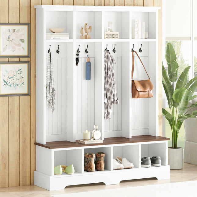 Farmhouse Hall Tree with 8 Hooks, Practical Entryway Bench with Open Compartments, 76.7'H Modern 3-in-1 Wooden Style Coat and Shoe Rack for Mudroom, Living Room, White (OLD SKU: N721P292601K)