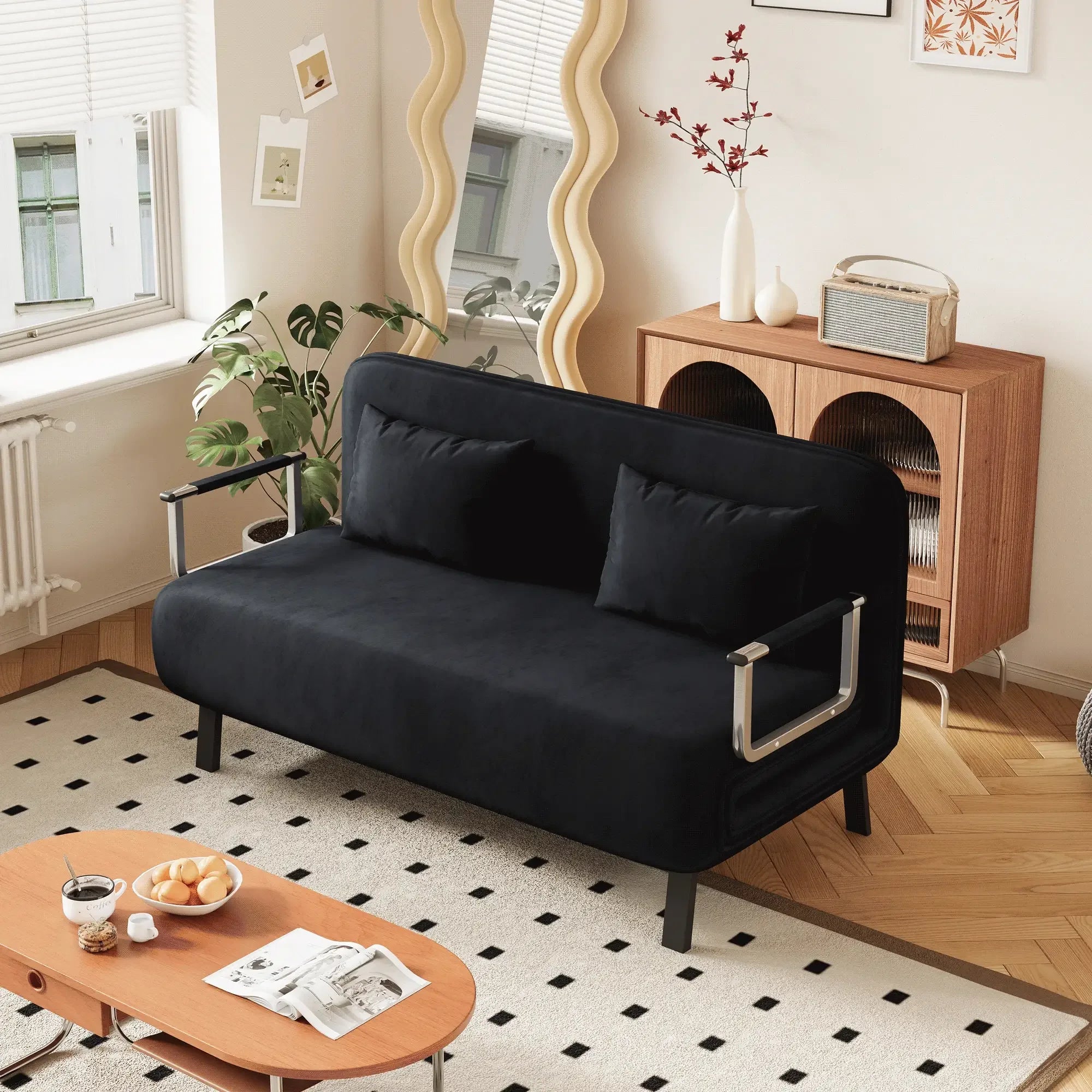 velvet black 55″ Convertible Chair Bed, Tri-Fold Sofa Bed with Adjustable Backrest & Pillow, Leisure Chaise Lounge Couch with Sturdy Steel Frame for Home & Office, Comfortable Sleeper Chair - Eloy Royal