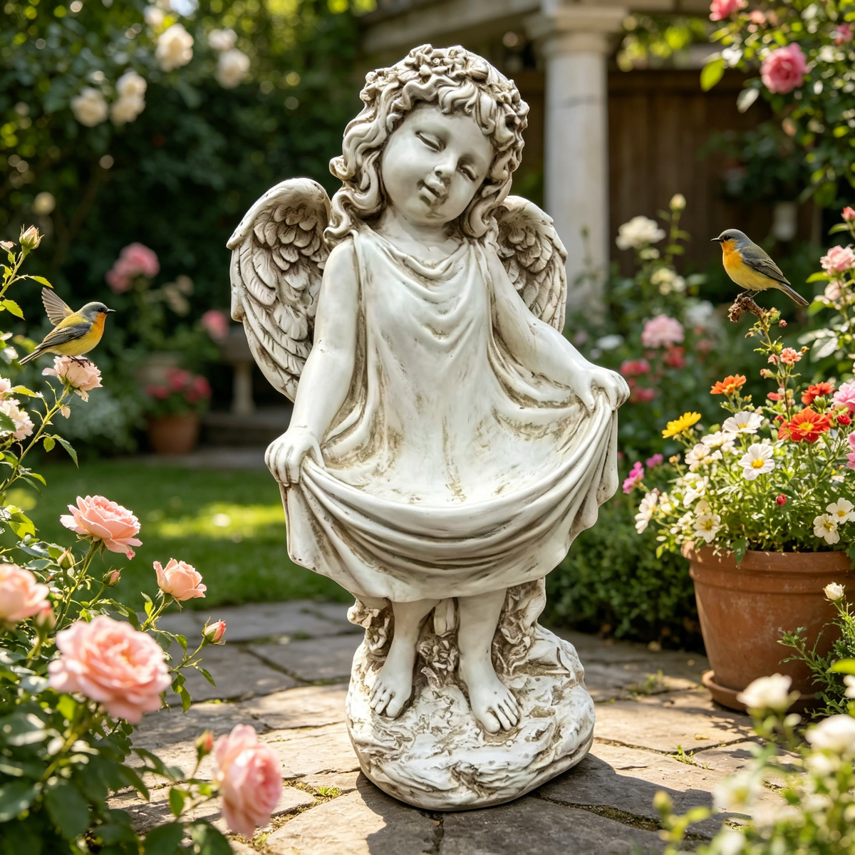 21.06' Tall Weathered Angel Cherub Garden Statue, Resin Dress Sculpture Figurine, Decorative Outdoor Yard Lawn Patio Backyard Landscape Ornament Decoration