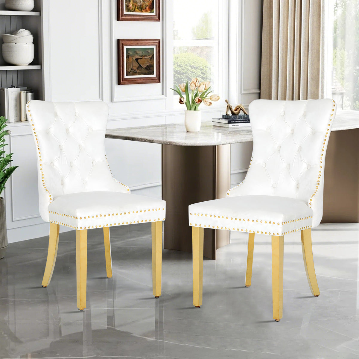 Rubberwood velvet ergonomic chairs, set of 2,white