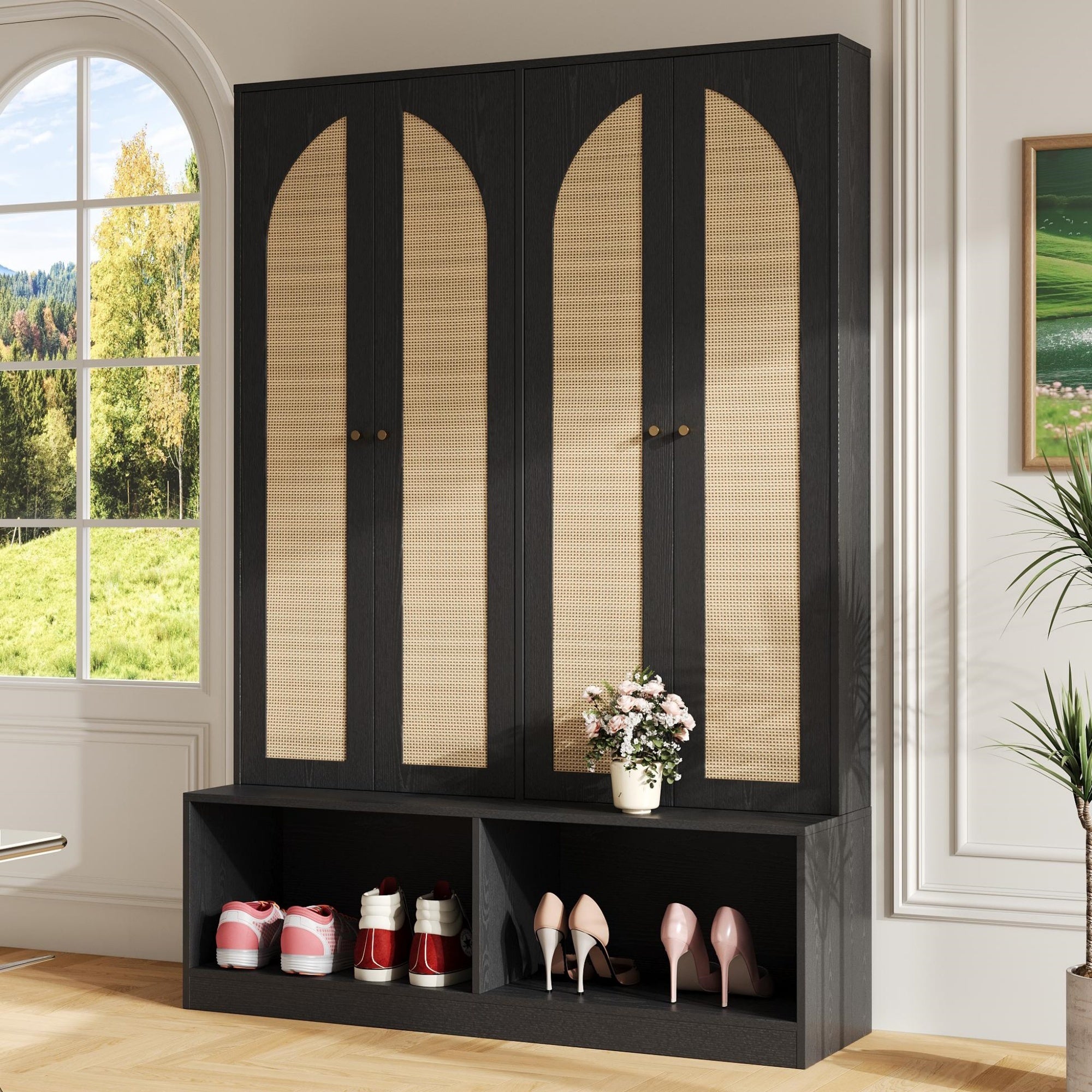 [Assembly Video]Farmhouse Hall Tree with 4 Rattan Doors, Versatile 4-In-1 Bench with 6 Hooks, Mid-Century Shoe Cabinet with Adjustable Shelf for Living Room, Black, 55.1'W (NEW SKU: N721S000074B)