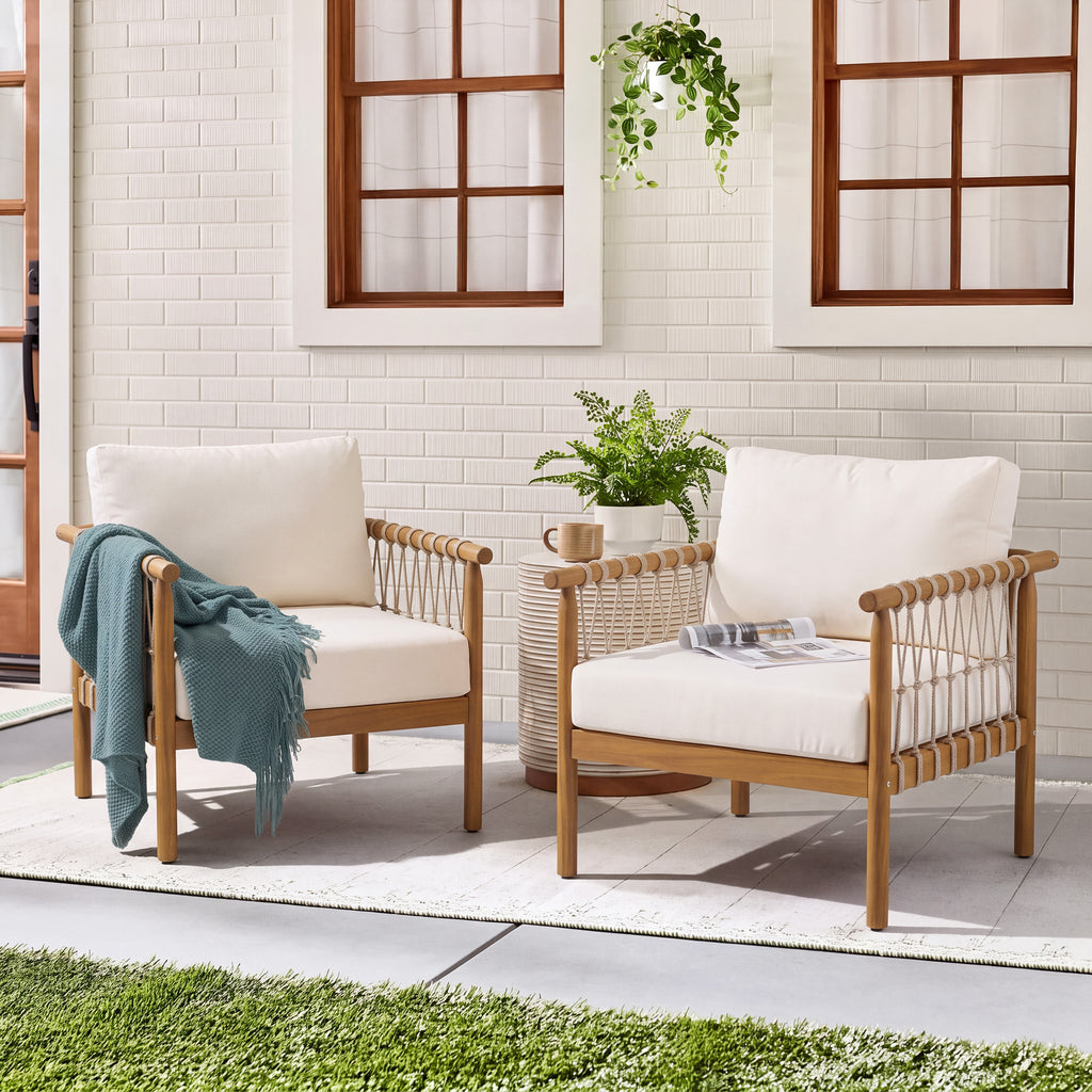 Teak Finish Acacia Wood Rope Club Armchair, Oversized Outdoor Lounge Chair for Patio, Backyard with Cream Cushions(Set of 2)