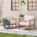 Teak Finish Acacia Wood Rope Club Armchair, Oversized Outdoor Lounge Chair for Patio, Backyard with Cream Cushions(Set of 2)