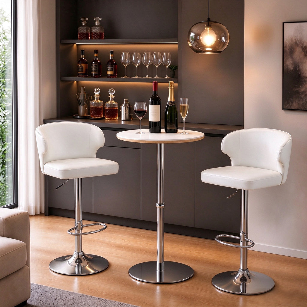 3-Piece Modern Bar Table and Chairs Set, 23.6' Round Sintered Stone Pub Table with 2 Bar Chairs, Chrome Pedestal Base & Vegan Leather Padded High Top Dining Set for Small Spaces.