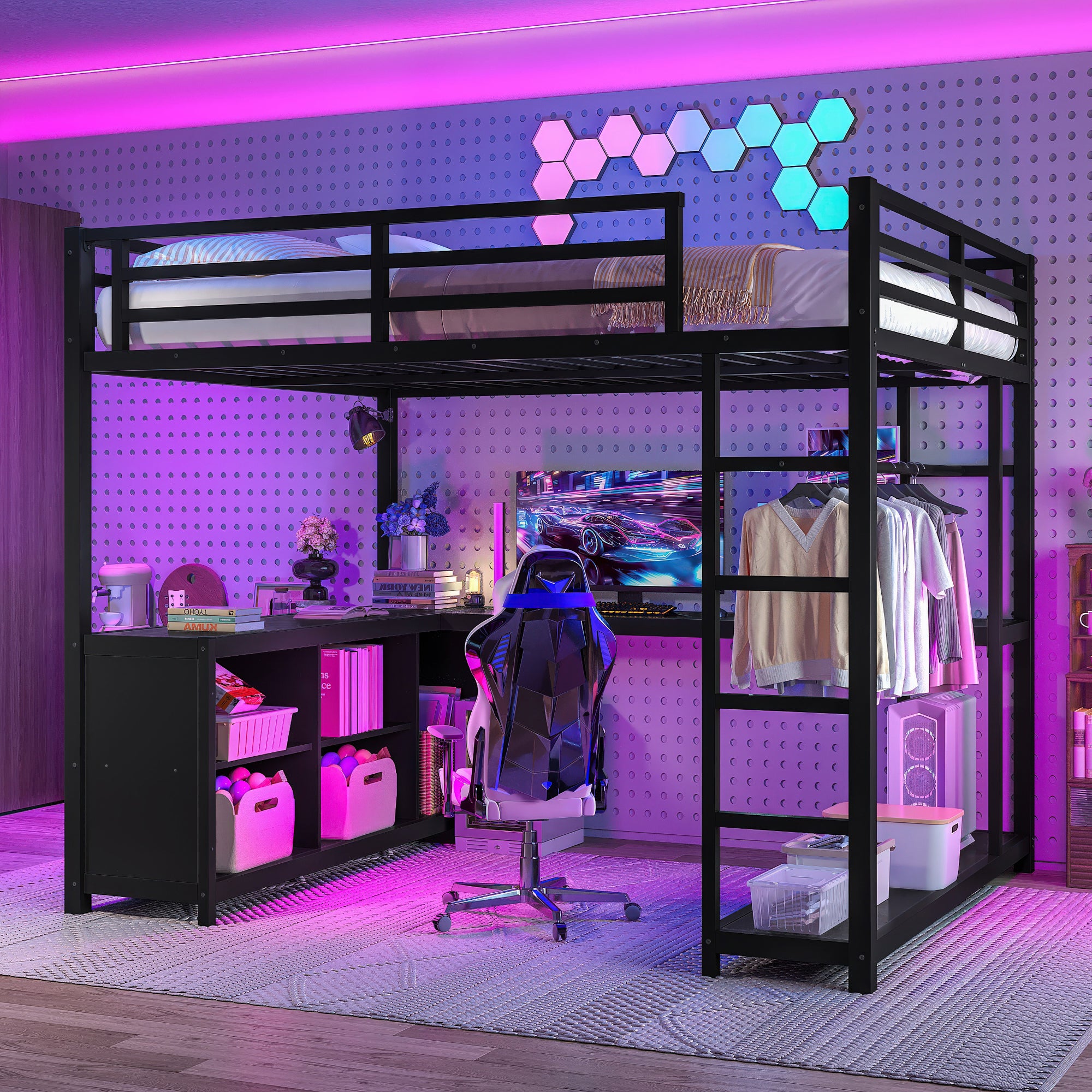 Metal Loft Bed with Wardrobe and L-shaped Desk, Queen Size Loft Bed with Storage Cubes and Shelves, Loft Bed for Kids Teens Adults, Black