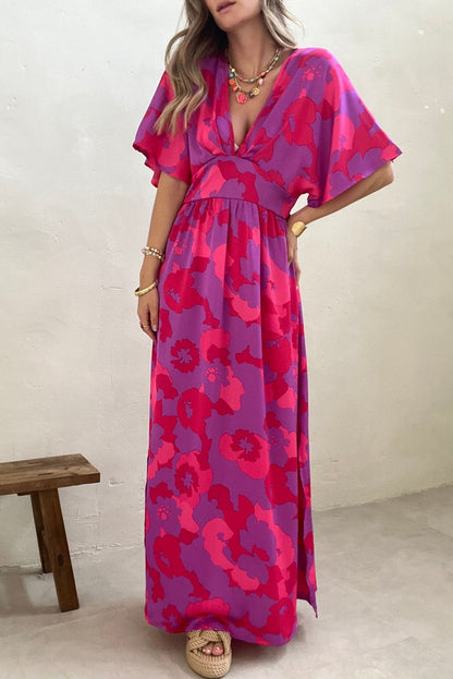 Rose Abstract Floral Print V Neck Split Maxi Dress - Eloy Royal