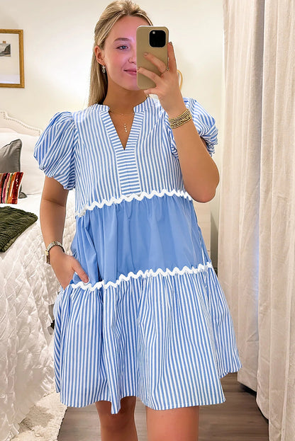 Sky Blue Striped Patchwork Puff Sleeve Pocketed Mini Dress - Eloy Royal