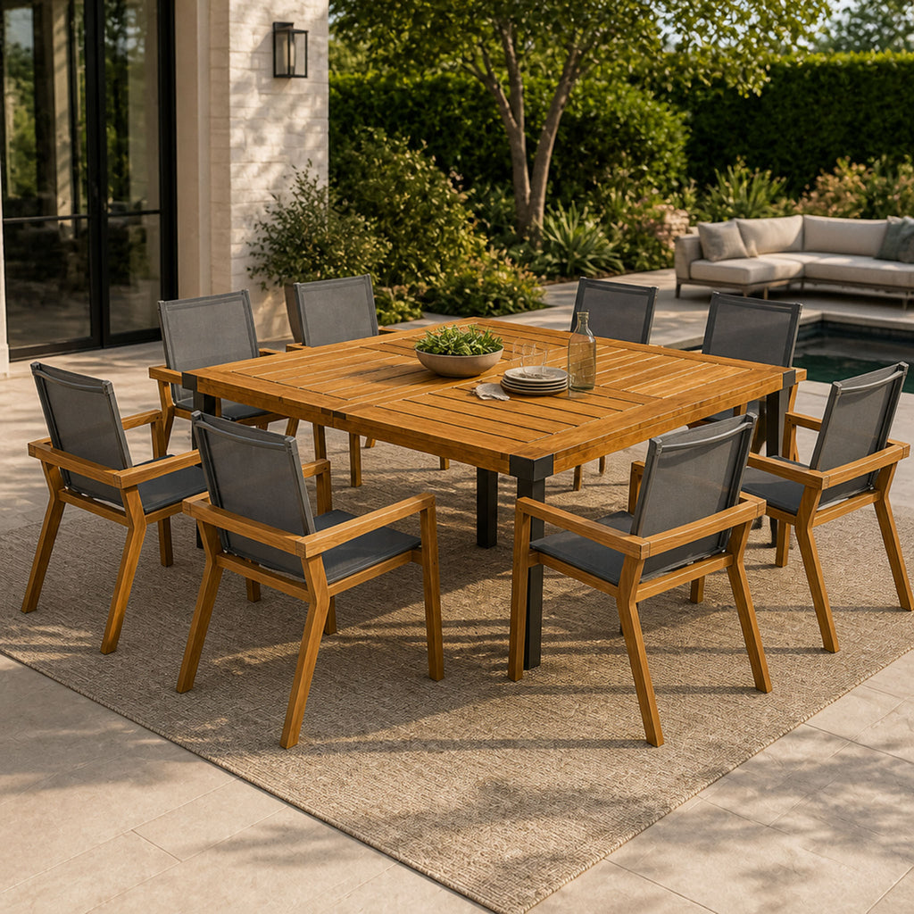 9‑Piece Acacia Wood Outdoor Dining Set, 64' Square Teak Finish Wooden Patio Table & 8 Arm Chairs with Black Textilene Sling Fabric, Heavy‑Duty Outdoor Furniture for Backyard Garden Deck