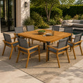9‑Piece Acacia Wood Outdoor Dining Set, 64' Square Teak Finish Wooden Patio Table & 8 Arm Chairs with Black Textilene Sling Fabric, Heavy‑Duty Outdoor Furniture for Backyard Garden Deck