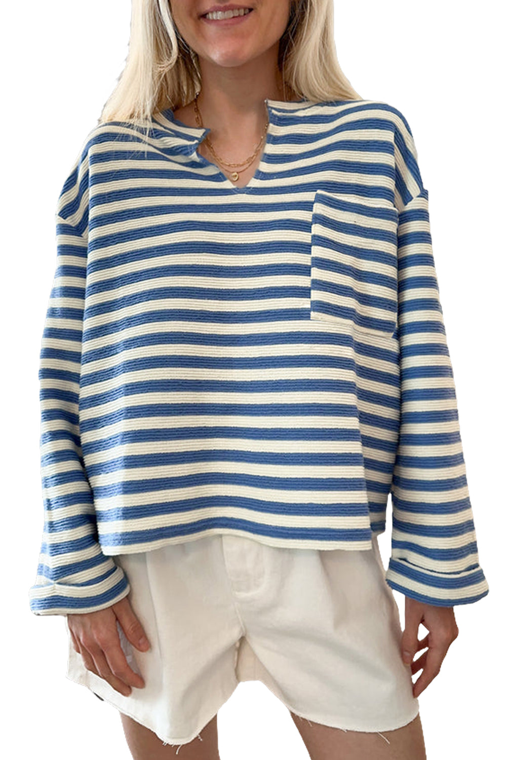 Sky Blue Stripe Pocket Buttoned Back Notched V Neck Top