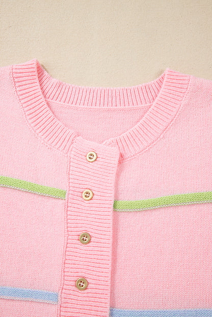 Pink Rainbow Striped Drop Sleeve Henley Sweater