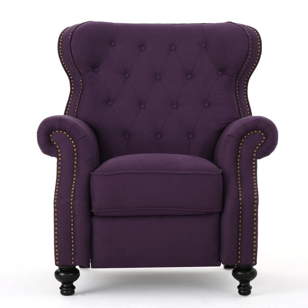 Modern Manual Push Back Recliner Chair with Rolled Arms, Nailhead Trim & Dark Brown Rubber Wood Legs in Plum - 3-Position Fabric Recliner for Living Room, Bedroom, Home Theater