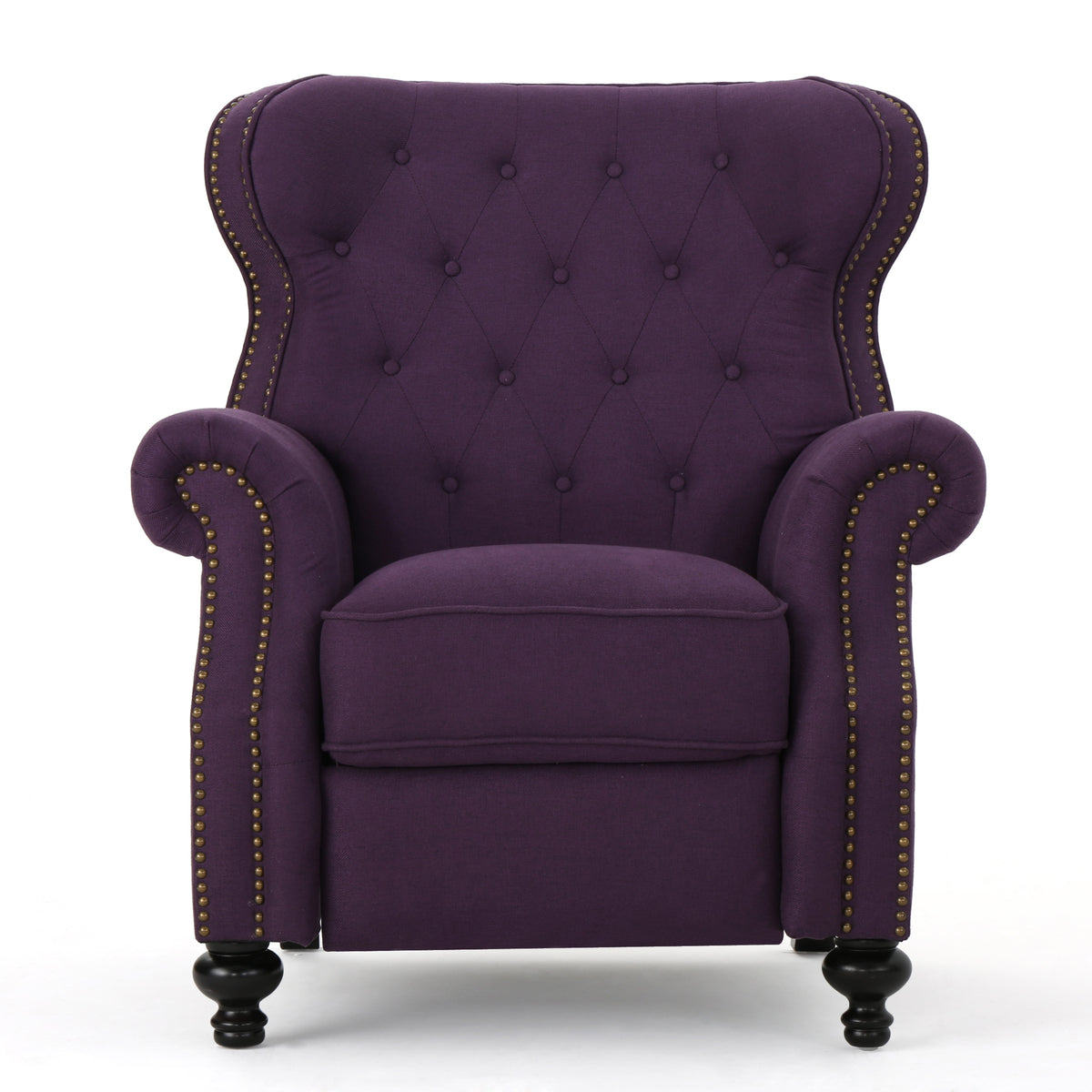 Modern Manual Push Back Recliner Chair with Rolled Arms, Nailhead Trim & Dark Brown Rubber Wood Legs in Plum - 3-Position Fabric Recliner for Living Room, Bedroom, Home Theater