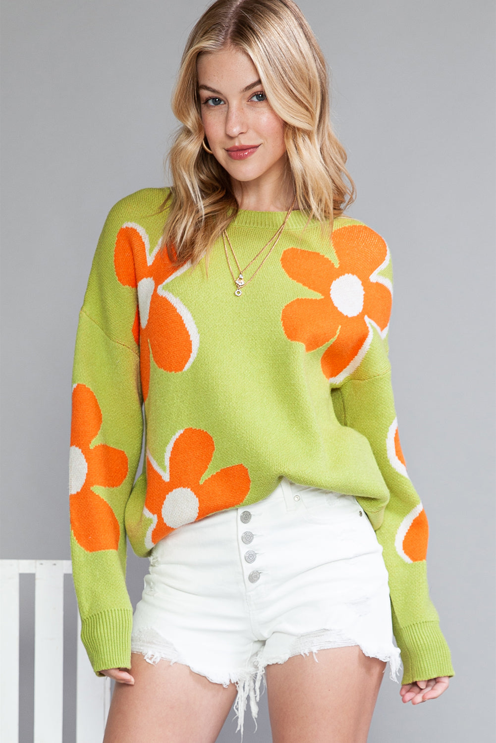 Green 60s Floral Pattern Ribbed Contrast Sweater - Eloy Royal