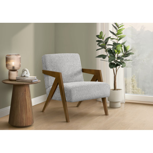 Accent Chair, 30'h, Upholstered, Living Room, Bedroom, Light Grey Fabric, Brown Walnut Solid Wood, Modern, Mid Century