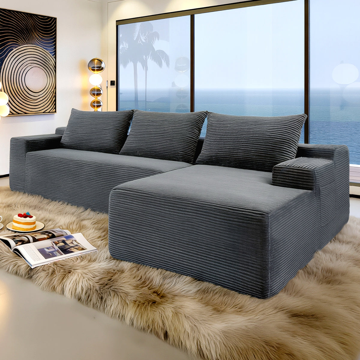 New2 96.9'Compressible doubleCloud Sectional Couch with L-Shape Chaise,Modern Modular Sofa with Deep Seat,Upholstered Couches for Living Room Bedroom,No Assembly Required, Corduroy Fabric,Grey Right