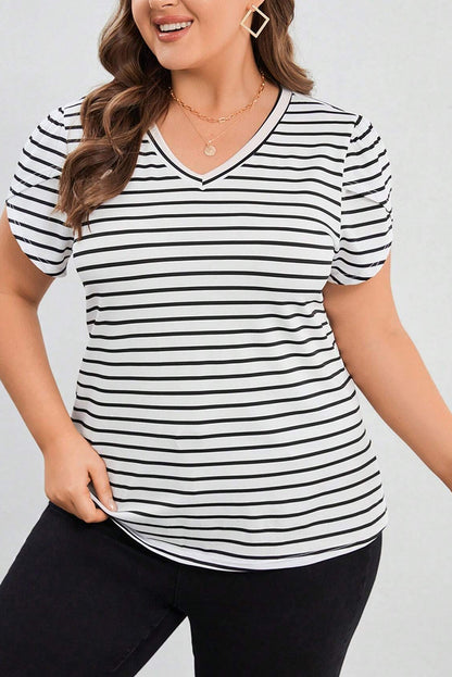 White Stripe V Neck Petal Sleeve Plus Size T-Shirt - Eloy Royal