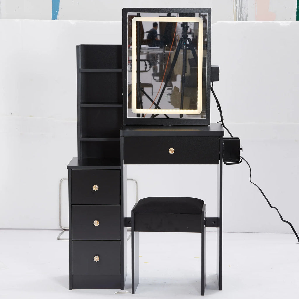 29.2' Small Size Left Bedside Cabinet Vanity Table + Cushioned Stool, 2 AC+2 USB Power Station, Hair dryer bracket, Extra Large Touch Control Sliding LED Mirror, Tri-color Switching, Brightness Adjust - Eloy Royal