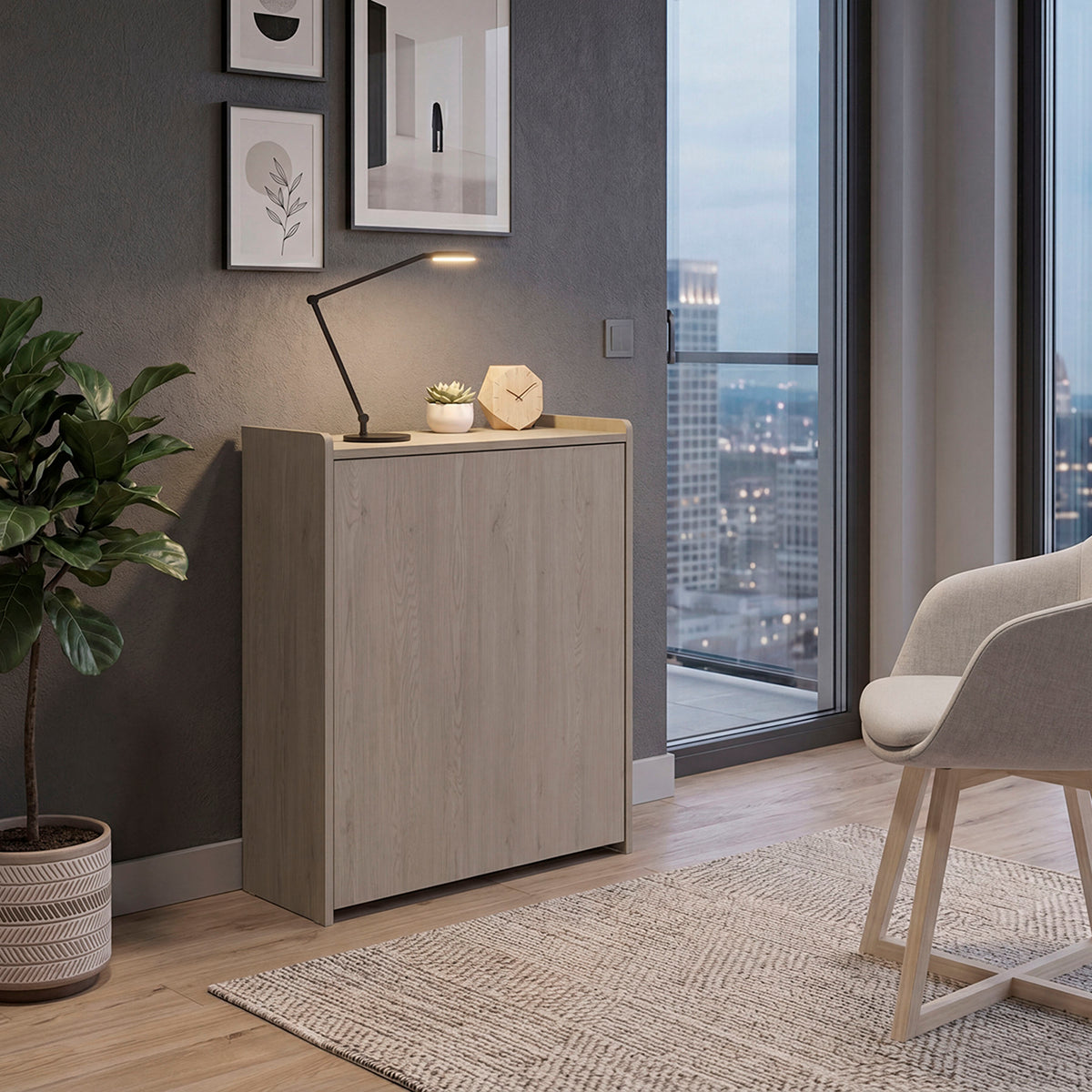 Leslie Retractable Desk with Built-in Storage Shelves, Space Saving Computer Writing Table