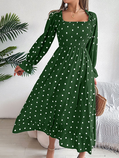 Casual Square Collar Polka Dot Swing Dress With Wooden Ears