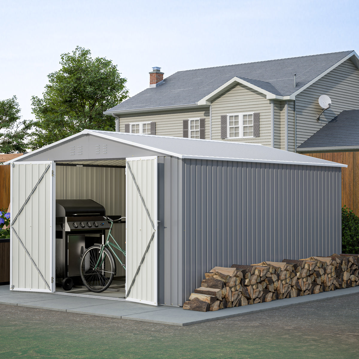 10 x 12 ft. Outdoor Storage Shed with Floor Frame Kit, Galvanized Steel Garden Shed, Metal ShedsGarden Tool Shed with Double Lockable Doors for Backyard Patio Lawn, Gray