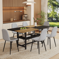 Table and chair set.71*35.4 inch Wooden And Black Spliced Dining Table With Storage Function In The Middle Of The Table Legs.Paired With 6 Light Gray Linen Fabric Chairs.
