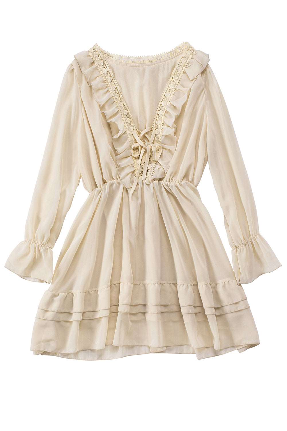 Beige Lacy V Neck Ruffled Mini Dress