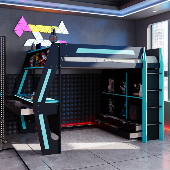 Full Size Gaming Loft Bed with Integrated Desk, Smart RGB LED Lights and USB Ports, Wooden High Bed with 6 Storage Cubbies, 6 Drawers and Safety Staircase, Gamer Bed for Teens and Adults,Black+Blue