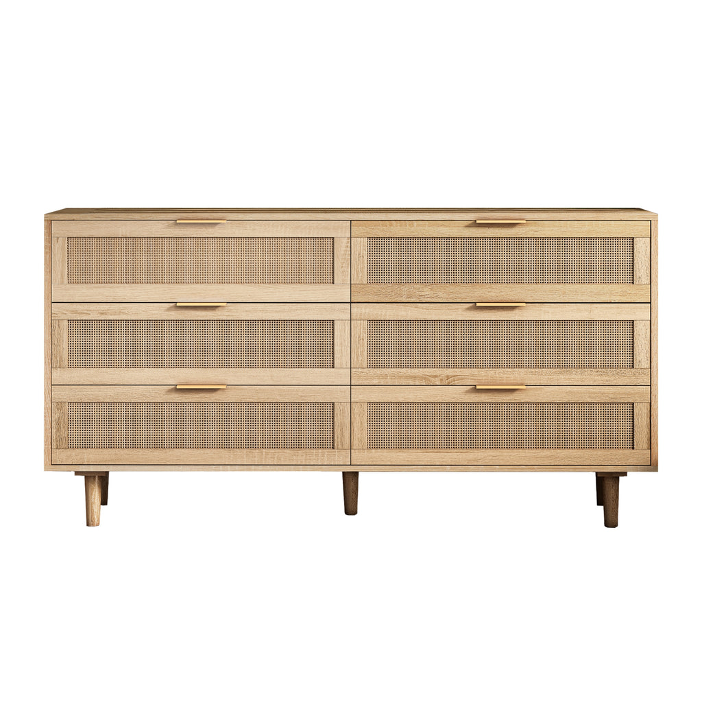 Modern Natural Rattan 6-Drawer Storage Cabinet for Bedroom or Living Room, Natural Finish, MDF Frame with Rattan Drawers, 59.06' L