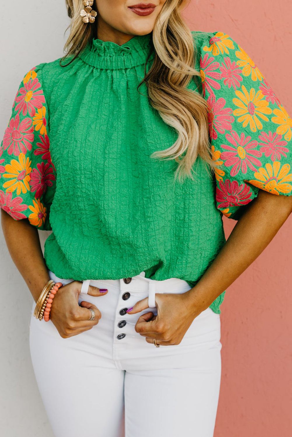 Bright Green Floral Print Puff Sleeve Button Back Fill Neck Blouse - Eloy Royal