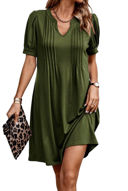 Desert Palm Notched Neck Pleated Puff Sleeve T Shirt Dress - Eloy Royal