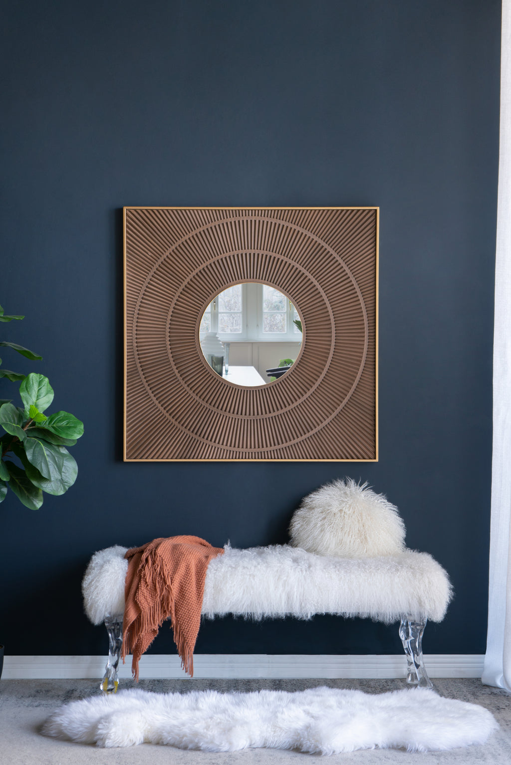 40' x 40' Square Carved Mirror with Pleated Design with Gold Iron Frame, Neutral Colorway Wall Decor for Living Room Bathroom Entryway