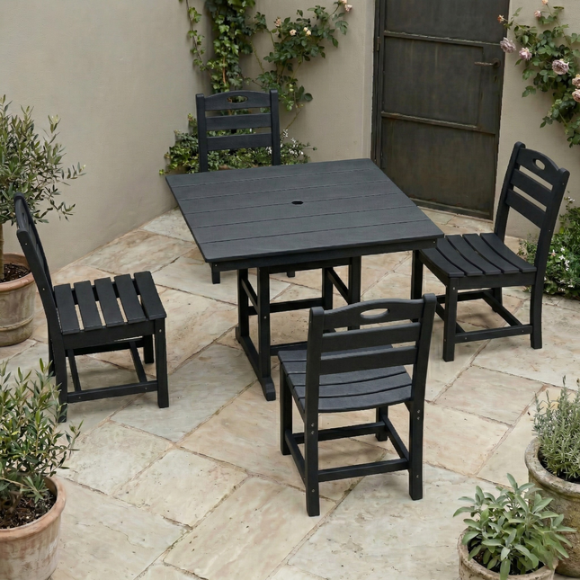Black HDPE Outdoor Dining Set for 4, Square Table and Chairs Set, All-Weather Patio Dining Furniture with Umbrella Hole