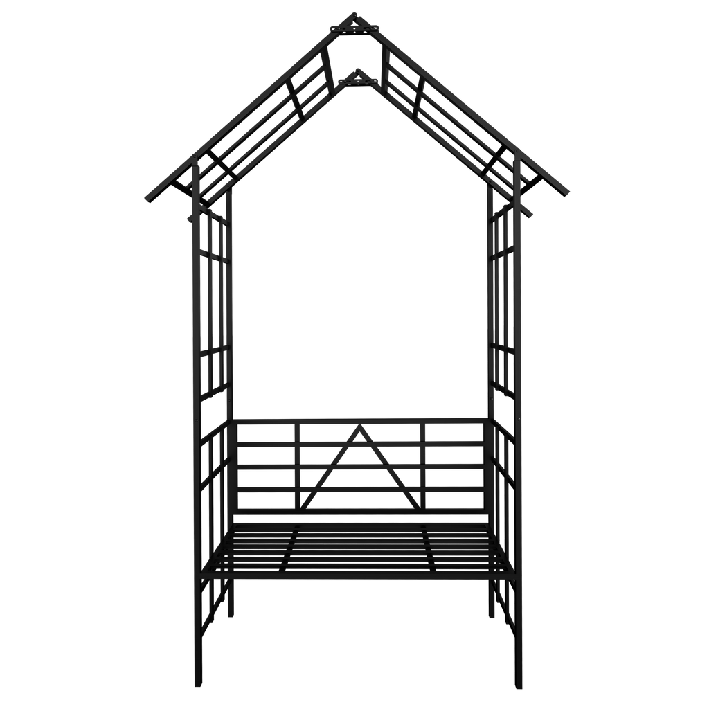 Metal Garden Arch with Bench Turned into Flower Stand W58.07*H97.24 Climbing Plants Support Rose Arch Outdoor Black
