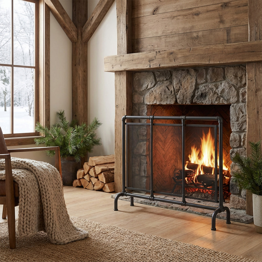 Celeste 1 Panel Iron Fireplace Screen 36' W x 29' H, Black