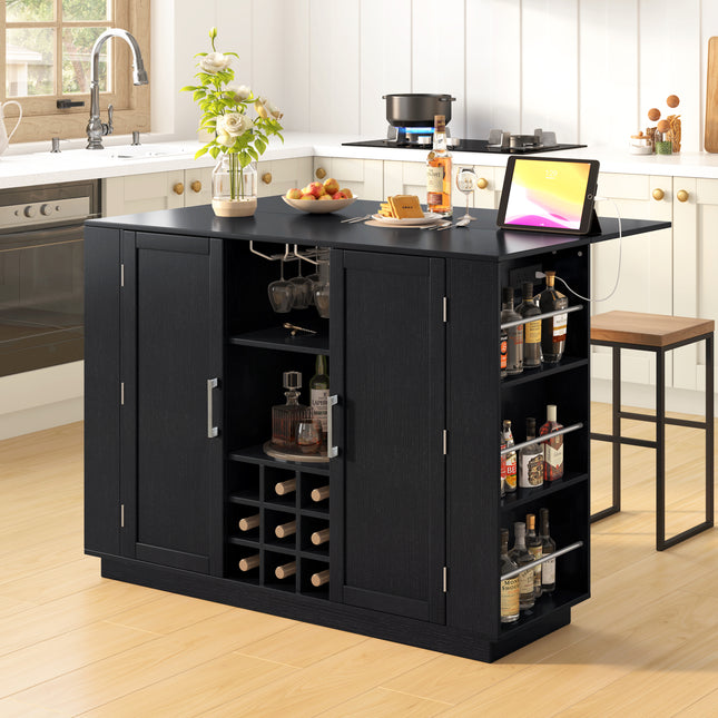 U-Style 47.2' Counter Height Table with Foldable Top & Power Outlet, Sideboard Buffet Cabinet & Bar Cabinet, Wine Rack & Stemware Holder, 2-Door Storage Cabinet for Dining Room (Chairs Not Included)