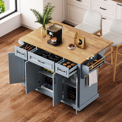 K&K Large Kitchen Island with Rubber Wood Drop Leaf