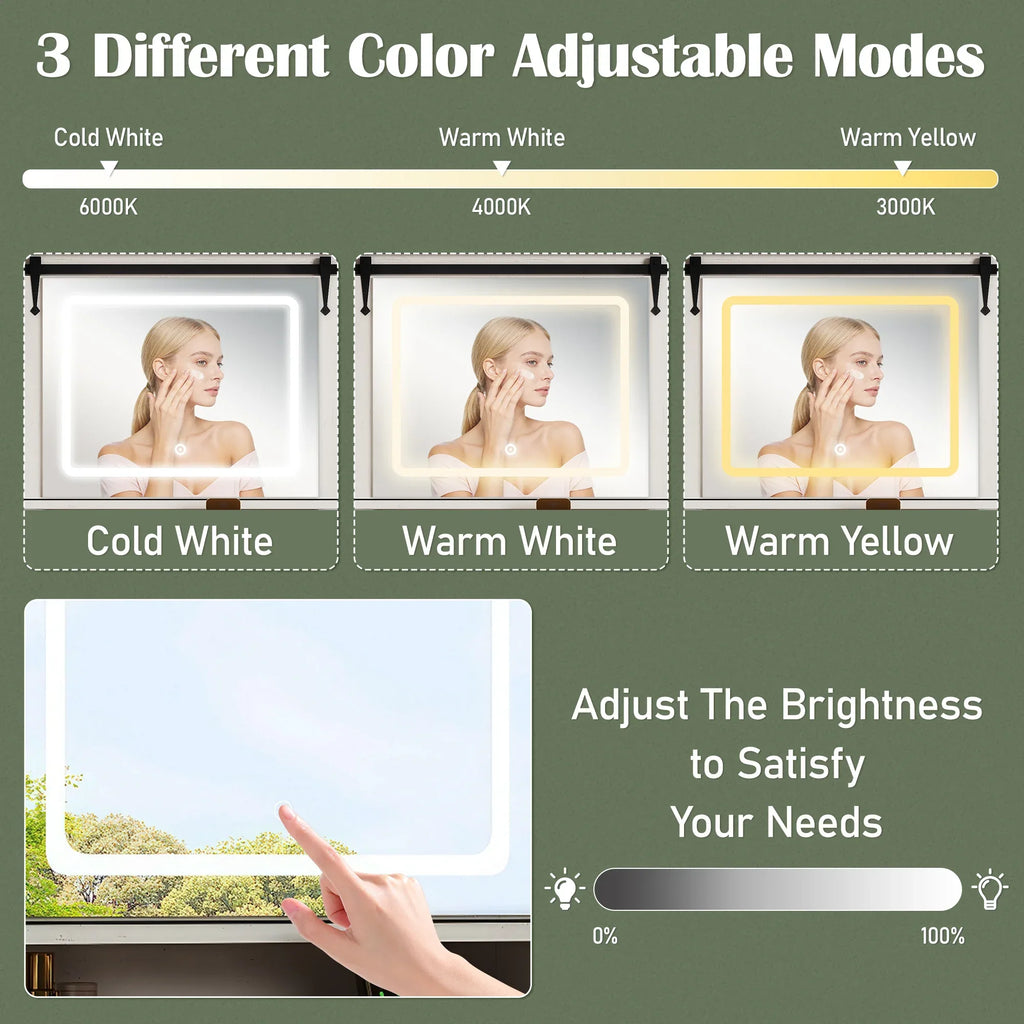 47.2' Farmhouse Makeup Vanity Desk with Sliding Mirror, Large Vanity Set with LED Lights, Dressing Table with Storage Stool and 9 Drawers, Ample Storage, White and Brown - Eloy Royal