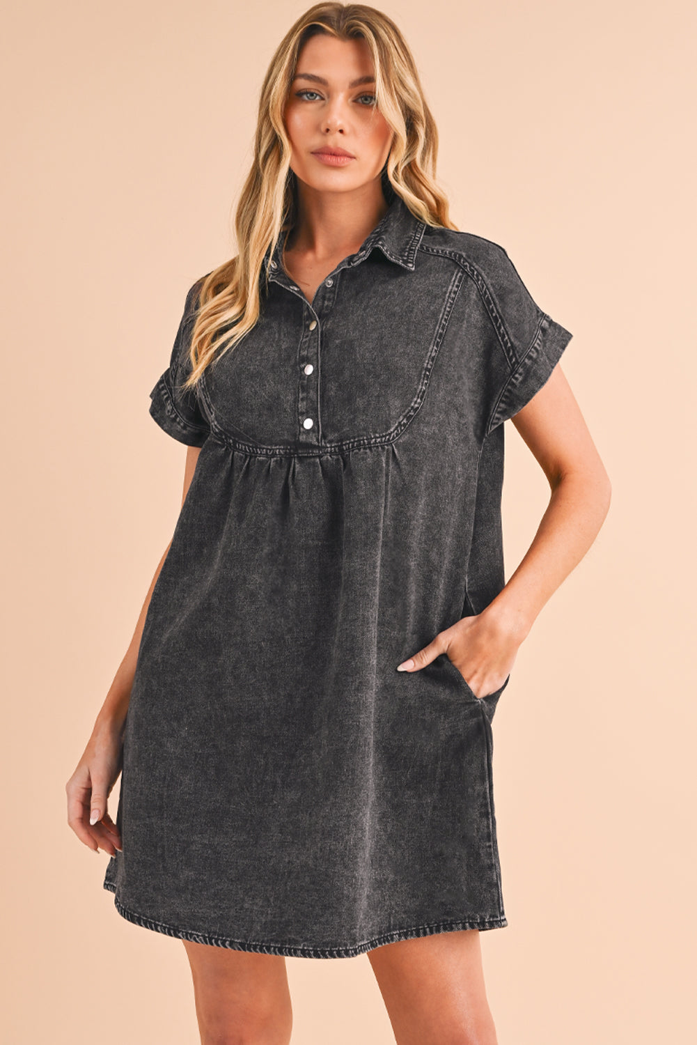 Black Vintage Snap Buttoned Mini Denim Dress - Eloy Royal