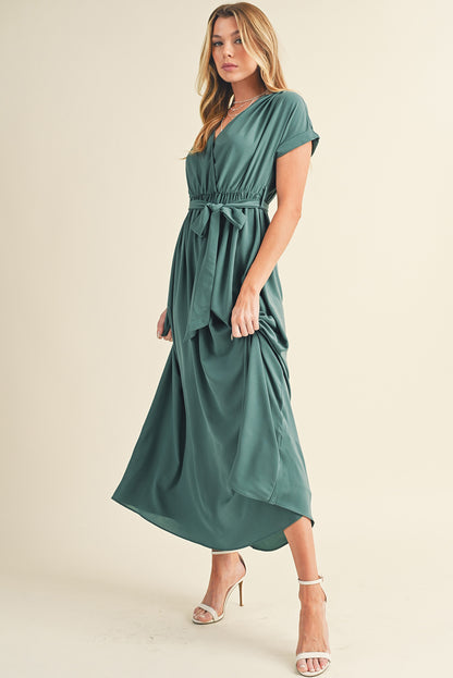 Wholesale Green Wrap V Neck Belted Pleated Maxi Dress - Eloy Royal