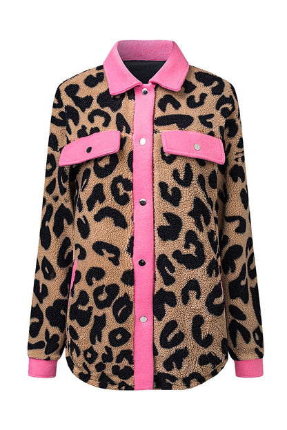 Cheetah Print Casual Contrast Binding Pocket Fur Shacket - Eloy Royal