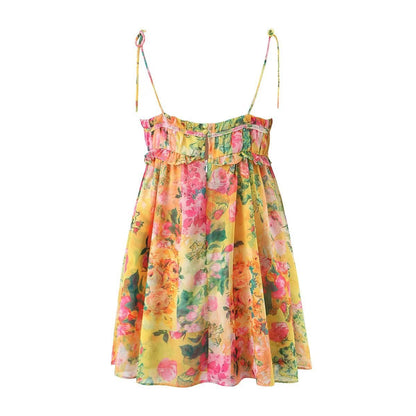 Y2K Flowers Print Suspender Dress Summer Fashion Ruffled Holiday Beach Short Dresses Womens Clothing