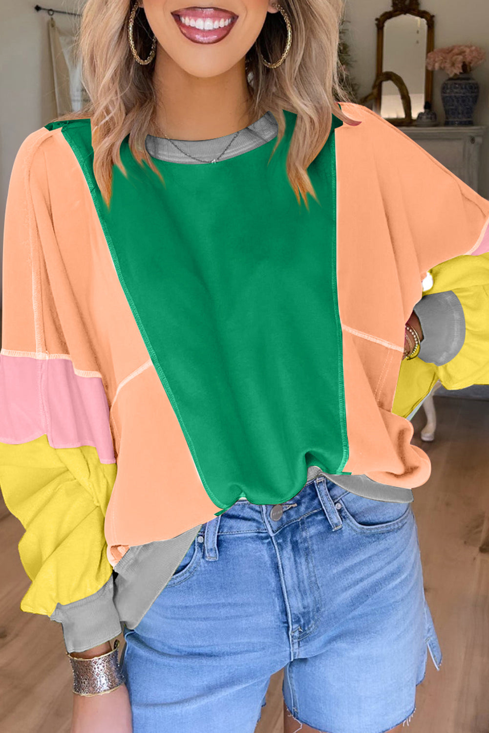 Orchid Petal Colorblock Patchwork Drop Shoulder Top