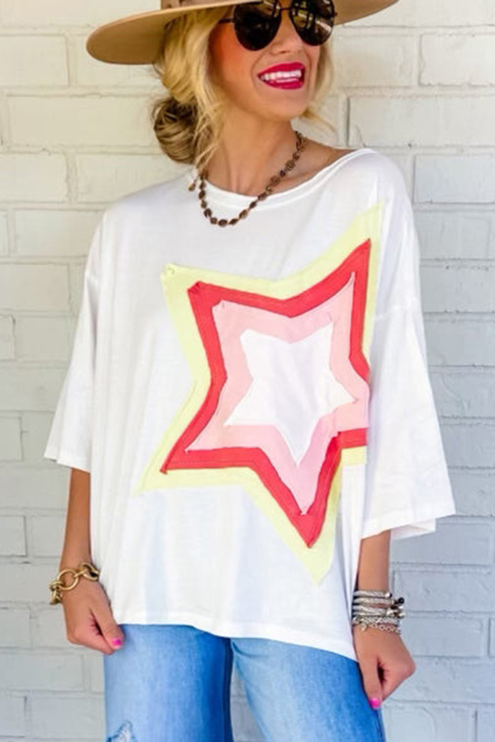 Light Pink Colorblock Star Patched Half Sleeve Oversized Tee - Eloy Royal