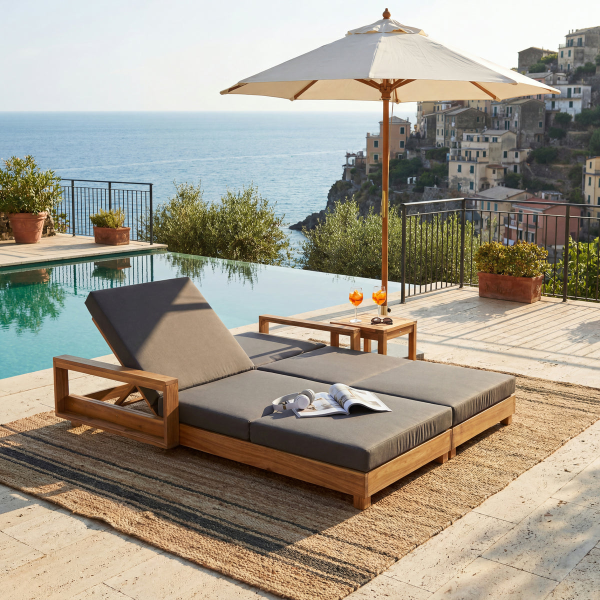 Double Acacia Wood Chaise Lounge Set, 1 Double Recliner with 2 Pieces 3-Fold Dark Grey Cushions, 4-Position Adjustable Backrests, 4 Inch Water Resistant Cushion, 800 LBS Capacity for Patio, Poolside