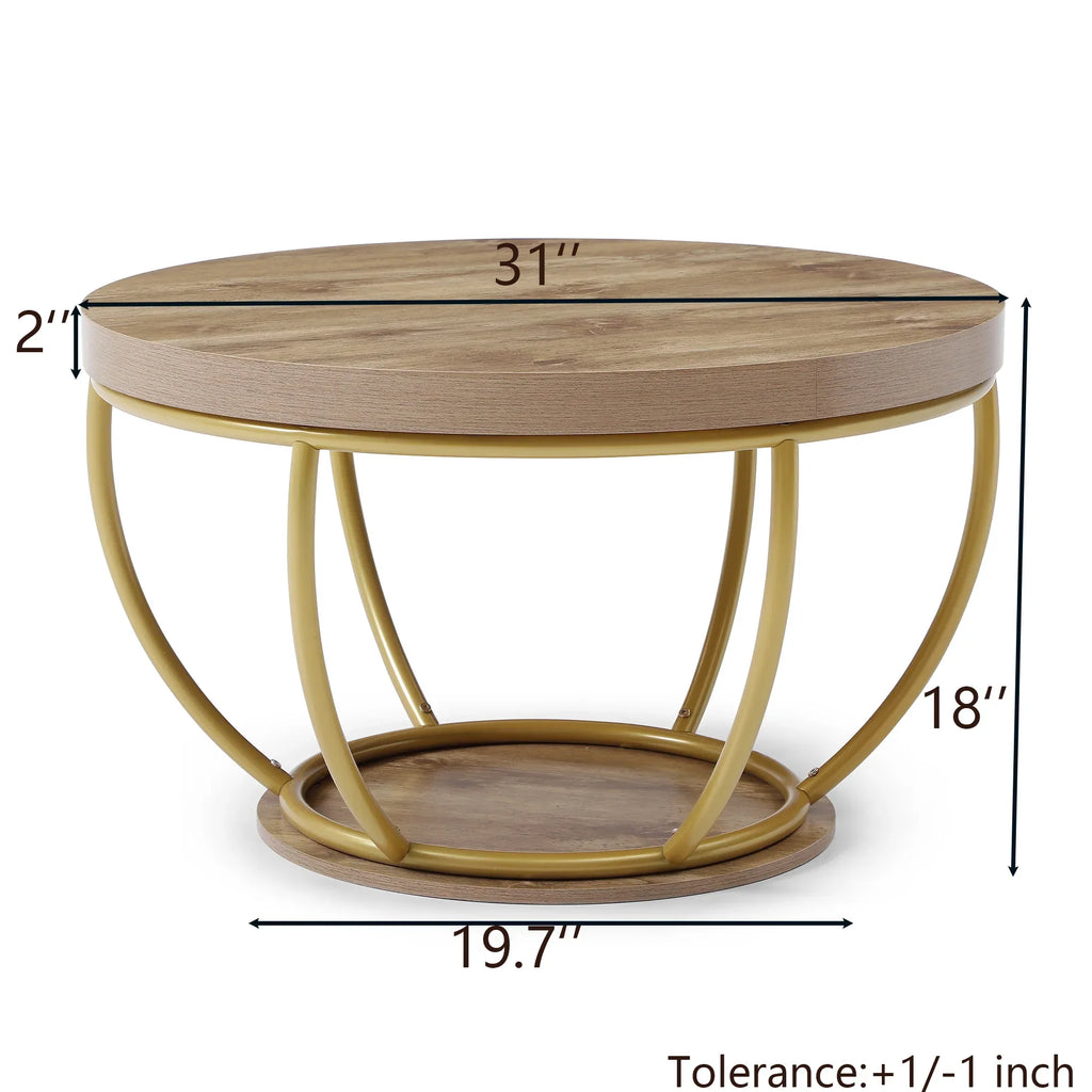 31' Round Industrial Coffee Table with 2-Tier Storage Shelves, Modern Wood & Golden Metal Accent Center Table for Living Room, Home Office – Easy Assembly - Eloy Royal