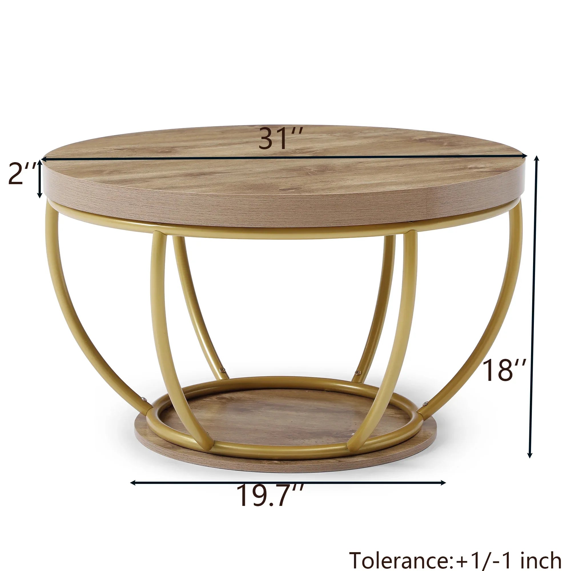 31' Round Industrial Coffee Table with 2-Tier Storage Shelves, Modern Wood & Golden Metal Accent Center Table for Living Room, Home Office – Easy Assembly - Eloy Royal