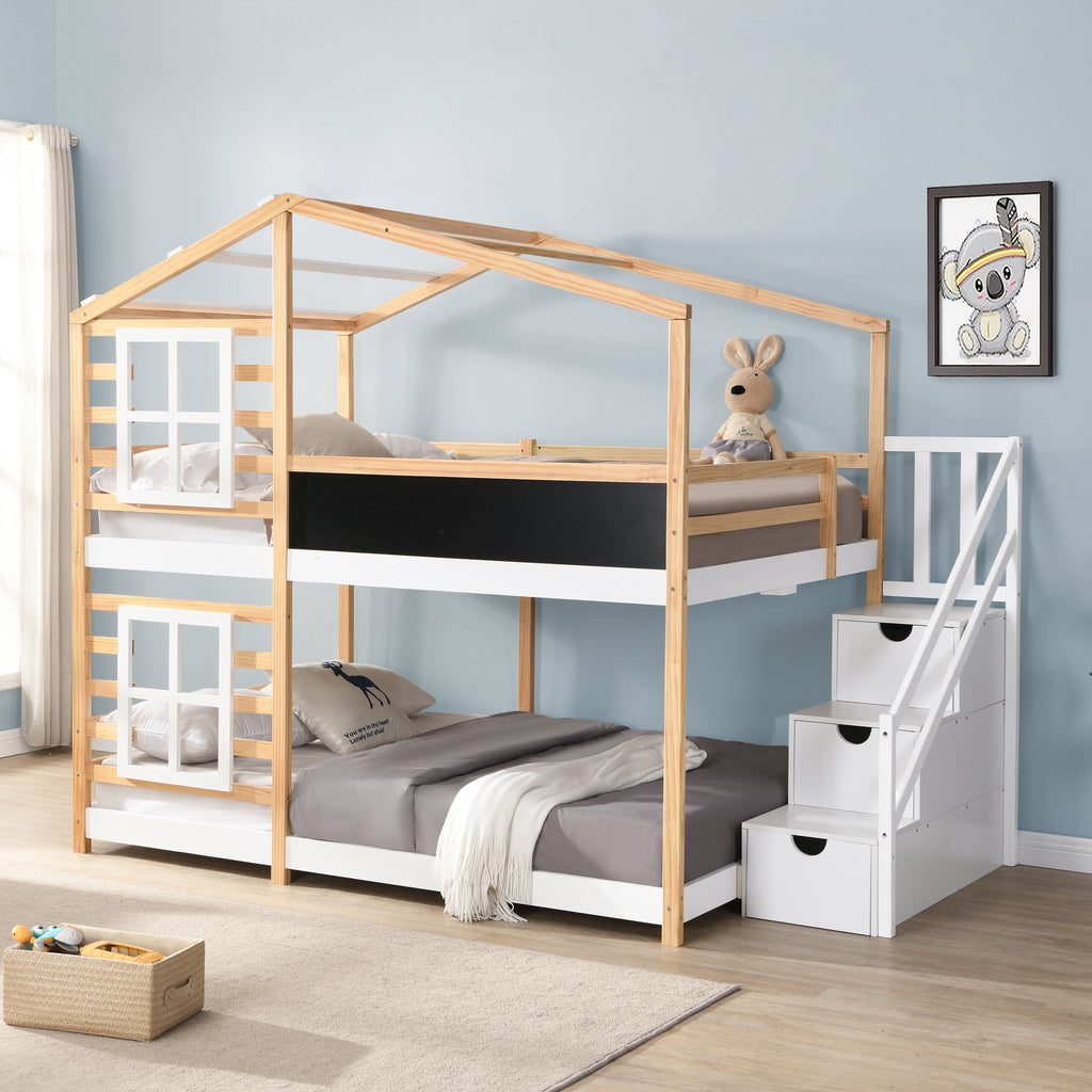 Full over Full  Bunk Bed House Bed With Roof Windows Blackboard And Storage Ladder Platform Bed,bed Frame